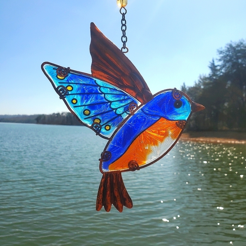 SUNCATCHER Bluebird Painted Glass, Metal Home & Garden Patio Decor Wall Art NWT